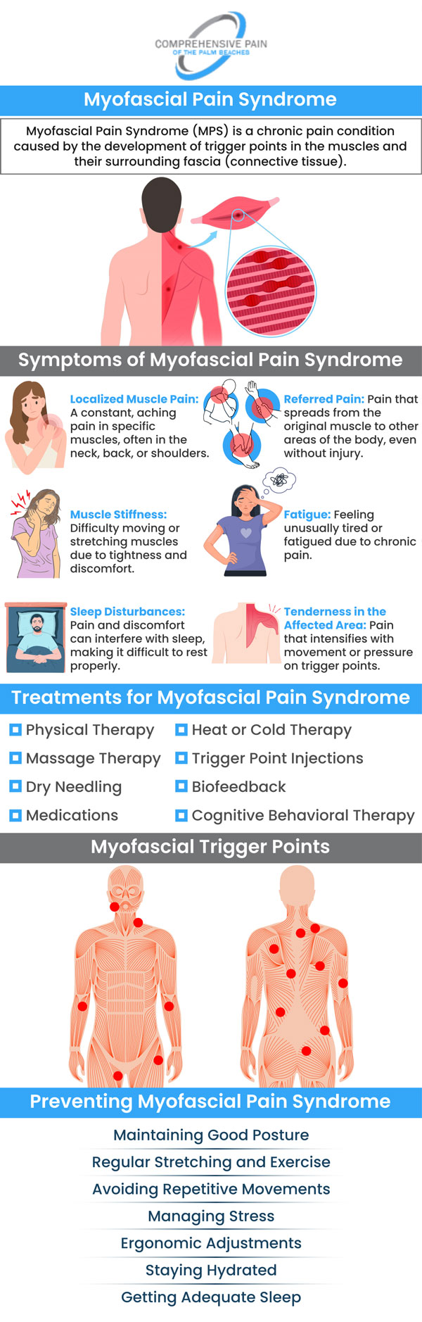 Common questions asked by patients: What is Myofascial Pain Syndrome? What causes Myofascial Pain Syndrome? What are the symptoms of Myofascial Pain Syndrome? How is Myofascial Pain Syndrome diagnosed? Myofascial pain syndrome treatment is available at Comprehensive Pain of the Palm Beaches. For more information, contact us or book an appointment online. Our clinics are conveniently located in Greenacres, FL, and Port St. Lucie, FL. We serve patients from Port St. Lucie FL, Stuart FL, Palm City FL, Greenacres FL, Palm Springs FL, Boynton Beach FL, and surrounding areas.