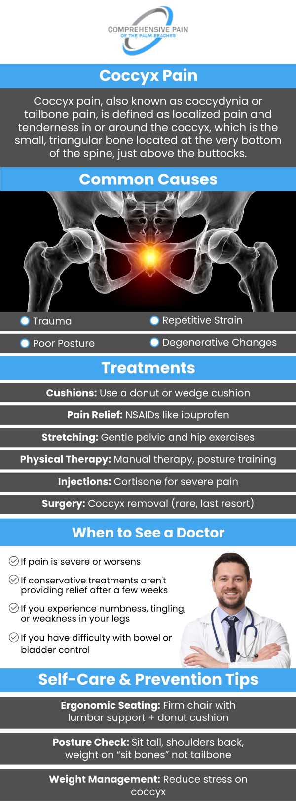 Coccyx pain, or tailbone pain, can arise from a variety of factors, including prolonged sitting, trauma, or poor posture. It may also result from pregnancy or certain medical conditions. Effective treatment involves a combination of posture adjustments, physical therapy, and pain management strategies. At Comprehensive Pain of the Palm Beaches, our team offers tailored care to address the underlying causes of coccyx pain and provide relief. For more information, contact us or book an appointment. Our clinics are conveniently located in Greenacres, FL, and Port St. Lucie, FL. Coccyx pain, or tailbone pain, can arise from a variety of factors, including prolonged sitting, trauma, or poor posture. It may also result from pregnancy or certain medical conditions. Effective treatment involves a combination of posture adjustments, physical therapy, and pain management strategies. At Comprehensive Pain of the Palm Beaches, our team offers tailored care to address the underlying causes of coccyx pain and provide relief. For more information, contact us or book an appointment. Our clinics are conveniently located in Greenacres, FL, and Port St. Lucie, FL.